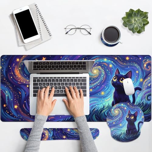 Arttown Keyboard Mouse Pad Set, 4 in 1 Desk Mat Set Cat Galaxy - Image 7