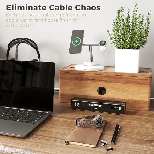 Large Cable Management Box Acacia Wood Cord Organizer Power Strip & Cables - Image 4