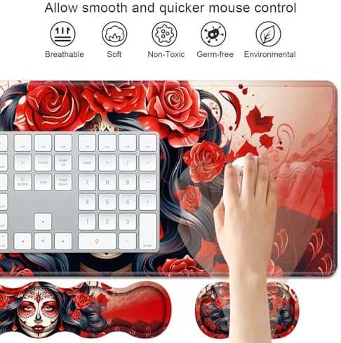 4 in 1 Ergonomic Keyboard Wrist Rest & Mouse Pad Wrist Rest Set, Large XXL Gaming Desk Mat 31.5"x 11.8" with Non-Slip Base, Memory Foam for Home Office Study Gaming, Sugar Skull Girl Roses - Image 3