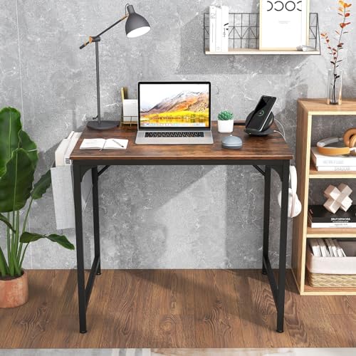 Giantex 32 Inch Computer Desk with Charging Station, Home Office Writing Desk with Storage Bag & Headphone Hook, Compact Gaming Table PC Workstation, Modern Simple Laptop Desk for Bedroom, Study - Image 2