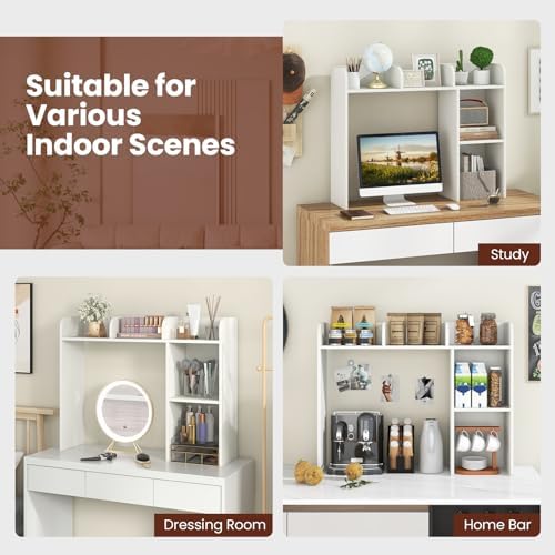 DREAMADE Desk Shelf, 3-Tier Table Top Desktop Bookshelf for 27” Monitor w/ 5 Open Display Racks, Non-Slip Foot Pads & Anti-Tipping Device, Desk Hutch for for Dorm, Office, Home, Study, 29”H (White) - Image 7