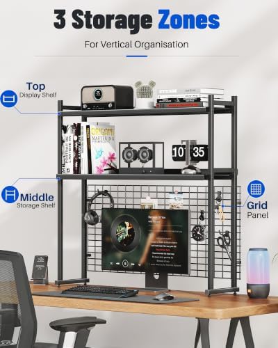 2-Tier Desktop Bookshelf, 38.6" Metal Desktop Organizer with Grid Panel - Image 4