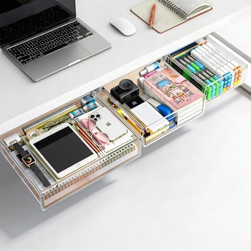 3 Pack Under Desk Drawer Slide Out Storage Organizer, Clear White 3 Sizes (S/M/L), Dual-Mount Hidden Table Tray for Tablets, Planners & Office Supplies by TooCust