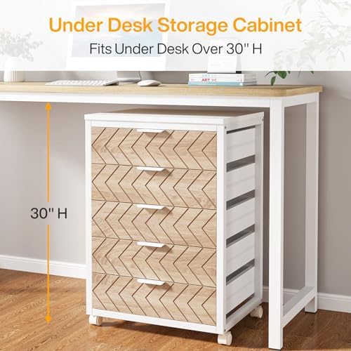 Tribesigns 5-Drawer File Cabinet, Wood Mobile Storage Unit, Beige & White - Image 2