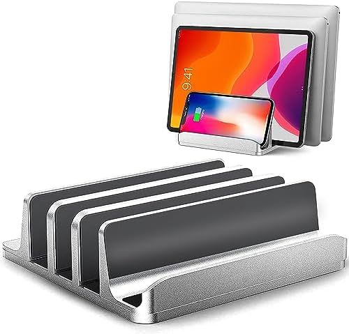 Vertical Laptop Stand for Desk [Updated Version],3-Slot Space-Saving Aluminum Desktop Stand Holder with Adjustable Dock Size Compatible for All MacBook/HP/Dell/Surface/Samsung/Chrome Book(Silver) by ARGIGU