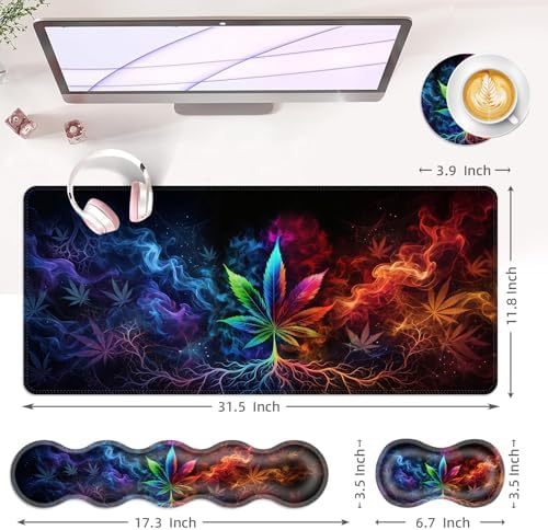 Large Keyboard Mouse Pad Set, Extended Mouse Pad+Keyboard Wrist Rest Support, Memory Foam Ergonomic Easy Typing, 4Pcs (31.5×11.8 in) Desk Pad Set for Office Home,Weed Leaf - Image 6