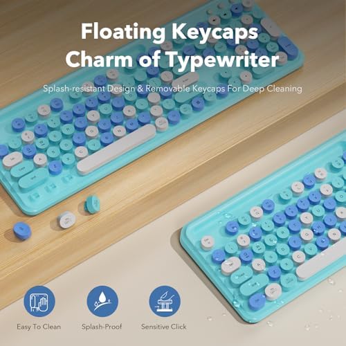 Wireless Keyboard and Mouse Combo, Retro Round Keycaps, Full-Size Cute Typewriter Keyboard with Large Phone/Tablet Holder, Auto-Sleep, 2.4GHz Cordless for Windows/PC/Laptop, Trueque CK13 (Sky Blue) - Image 3