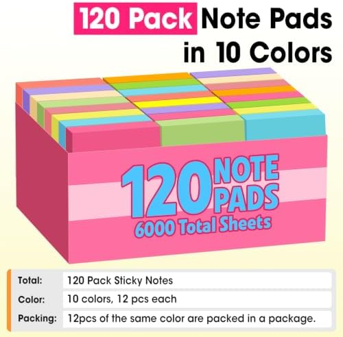 120 Pads Sticky Notes 3x3, Bright Colors Self-Stick Pads Bulk, Super Sticky Notes, School Supplies, Office Products, 50 Sheet/Pad - Image 5