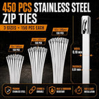 Stainless Steel Cable Tie Gun Set – 450PCS Silver Metal Zip Ties (6/8/12", 150PCS Each) with Scissors, Gloves, Storage Bag for Outdoor Fence Exhaust Automotive - Image 2