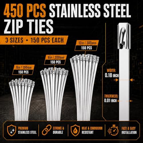 Stainless Steel Cable Tie Gun Set – 450PCS Silver Metal Zip Ties (6/8/12", 150PCS Each) with Scissors, Gloves, Storage Bag for Outdoor Fence Exhaust Automotive - Image 2