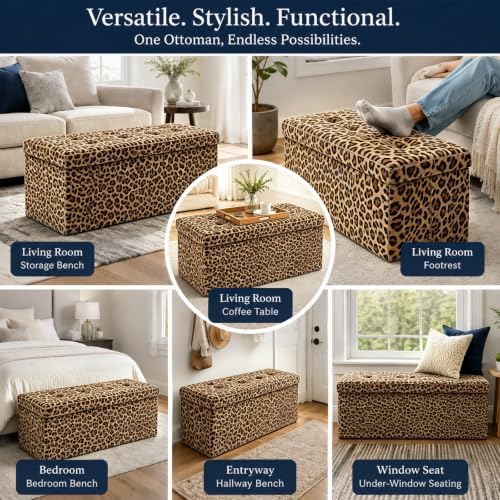 ALASDO 43 Inch Folding Storage Ottoman Bench with Hidden Storage, PU Leather Ottoman Foot Rest Stool, End of Bed Bench for Bedroom, Living Room, Entryway and Closet, Leopard Print - Image 6