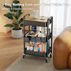 3 Tier Storage Rolling Cart with Wood Table Top on Lockable Wheels（Black） - Image 4