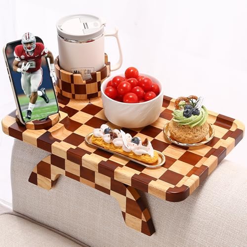 Checkered Rubber Wood Couch Arm Tray, Sofa Armrest Tray with Rotating Cup Holder & Phone Stand, Large Clip-on Sofa Side Table Furniture for Drinks & Remote, 15.36"x9.85", Gift Box by Acanacle