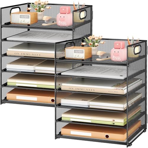Subekyu 2-Pack 6-Tier Paper Tray Organizer for Desk - Black Mesh File Folder Sorter with Handles, Desk Letter Holder for Office, Home, School Supplies Storage & Organization by SUBEKYU