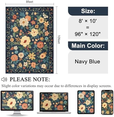 DUKINO 8x10 Area Rugs, Floral Washable Living Room Rug Non Slip, Navy Blue - Image 2