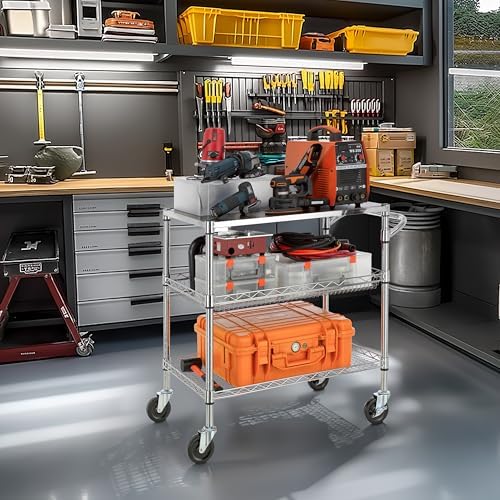 Finnhomy 3 Tier Heavy Duty Commercial Grade Utility Cart with Wood Top, Wire Rolling Cart with Wheels and Handle Bar, Kitchen Carts on Wheels, Metal Cart with 600 LBS Capacity, Chrome - Image 5