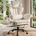 Flip Armrests Criss Cross Office Chair, Reclining Office Chair with Foot Rest, Adjustable Headrest, Massage Waist Pillow, Cross Legged Big and Tall Desk Chair Wide Seat Vanity Chair, Beige PU Leather by SOFAYONN
