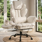 Flip Armrests Criss Cross Office Chair, Reclining Office Chair with Foot Rest, Adjustable Headrest, Massage Waist Pillow, Cross Legged Big and Tall Desk Chair Wide Seat Vanity Chair, Beige PU Leather by SOFAYONN