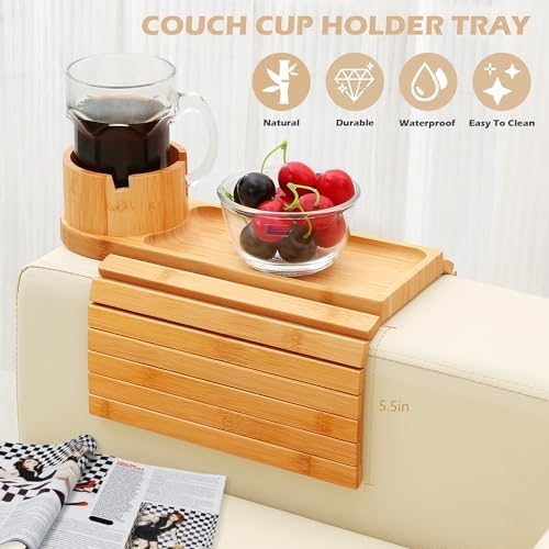 Couch Arm Tray with 360° Rotating Cup Holder,Fit Arms 5" and Wider - Image 4