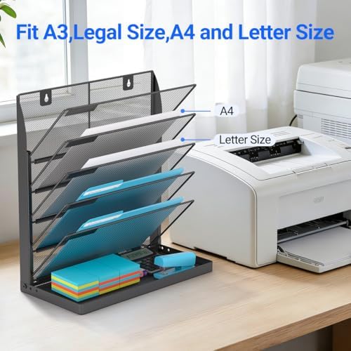 Legal/Letter Size 6 Tier Wall File Organizer,2-in-1 Wall Mounted&Desktop File Holder,2 Installation Methods Screws & Adhesive,Mesh Document Organizer with Label Plate for Home Office - Image 2