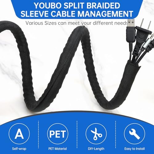 Split Braided Cable Sleeve，Flexible Wire Loom Tubing, Automotive Cord Protector Pet Proof, Cable Management for Computer TV Electric Wires Harness 16ft (Black, 30mm（1-3/16") - Image 2