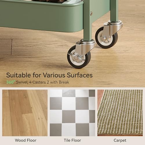 Nunsino 3 Tier Rolling Cart,Utility Cart with Locking Wheels, Hanging Cups,&Hooks, Heavy Duty Metal Storage Organizer Cart for Kitchen,Office, Bathroom,Craft Room,Green - Image 5