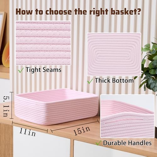 MiniArk Large Shallow Organizing Baskets 15x11x5.1 Inches - Rope Woven Storage Bins for Bathroom, Shelves, Cube Closet, Light Pink 3 Packs - Image 2
