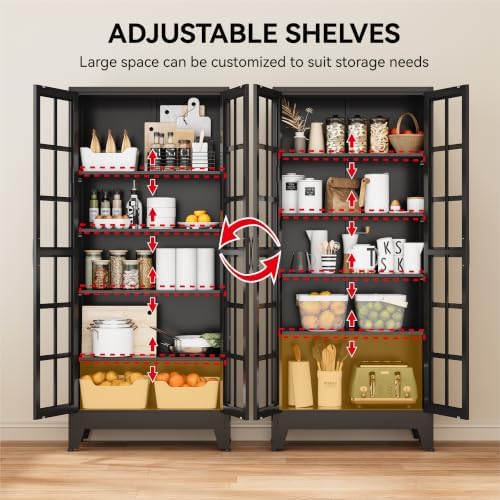 COFaR 71" Black Metal Pantry Cabinet with Glass Doors for Living Room - Image 5