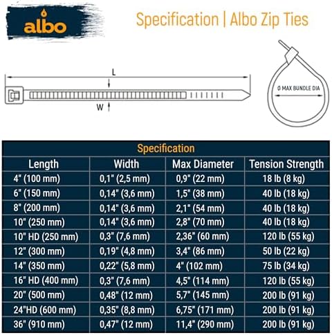 ALBO 1000 Pcs. Black Zip Ties, 14 Inch, Heavy Duty, 75 lb Tensile Strength - Image 3