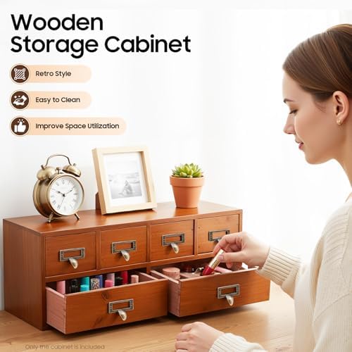 Drawer Wooden Desktop Organizer, 6 Drawers Desk Storage Box with Practical Handle, Label Slots, 19.3"L×5.5"W×6.9"H, Vintage Wood Drawer for Home Office - Image 5