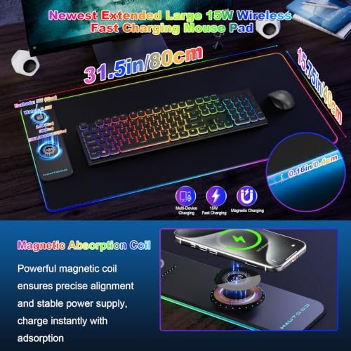 HAUTOCO Wireless Charging Mouse Pad, RGB Large Gaming Desk Mat - Image 2