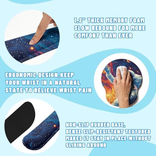Cosmic Astronaut Desk Mat Set Colorful Galaxy Art Large Mouse Pad with Wrist Rest 4in1 Desk Mat for Desktop Ergonomic Keyboard Wrist Support Anti-Slip Computer Ergonomic Mouse Pad Home Office Gaming - Image 3