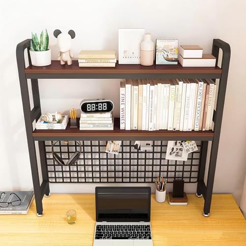 Desktop Hutch Bookshelf, 2-Tier Metal Desk Shelf with Grid Panel, Wooden Desktop Display Rack for Computer Monitor, Countertop Storage Organizer for Office Home Dorm (Black) - Image 7