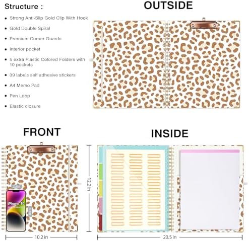 Ospelelf Clipboard with Storage 8.5 X 11，Padfolio Organizer, Spiral Portfolio Letter Size with Notepad, Pen Holder, 5 Extra Folder Divider Pages, Elastic Closure Nurse Office Essentials Leopard - Image 2