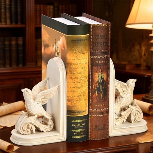 2PCS Vintage Bookends White Resin Decorative Bookends with Bird Bookends for Kids Rooms Decorative Book Ends for Heavy Books (White Bird) - Image 2