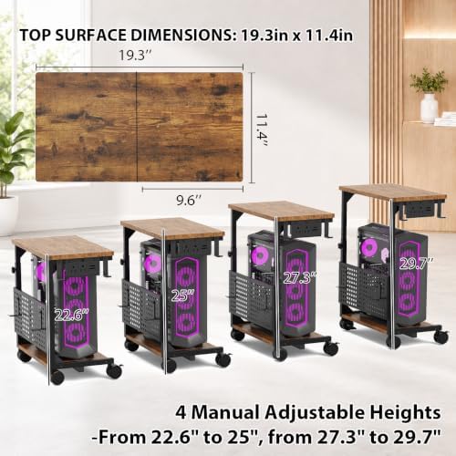 Adjustable Computer Tower Stand with Charging Station & Pegboard,Brown - Image 4