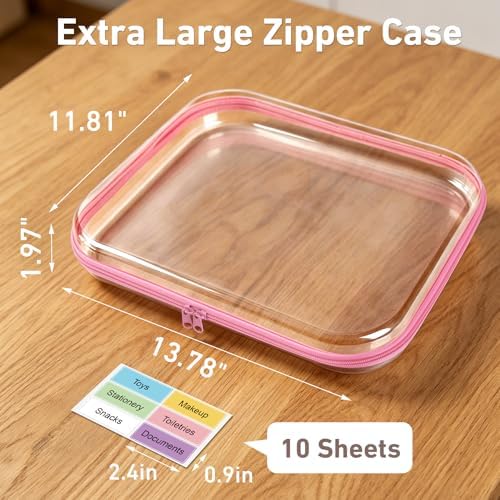 3 Pack Extra Large Clear Hard Shell Zipper Case with Labels, Pink - Image 2