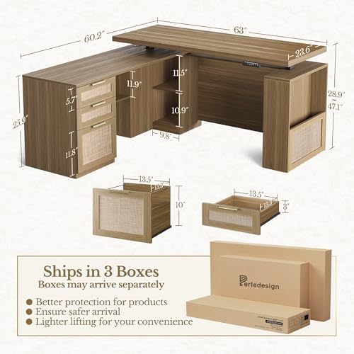 63 Inches L Shaped Standing Desk, Executive Electric Adjustable Desk with Storage Drawers and File Cabinet, AC/USB, 1.18" Thiken Desktop and Privacy Panel for Home Office, Natural Oak - Image 2