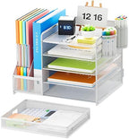 Marbrasse Desk Organiser with File Holder, 5-Tier Paper Letter Tray Organiser with Drawer and 2 Pen Holder, Mesh Desktop Organizer and Storage with Magazine Holder for Office Supplies(White) - Image 2