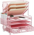 MINDEPOT 4-Tier Paper Organizer + 3-Pocket File Holder + Drawer + Pen Holders, Desktop File Organizers Paper Tray for Office Supplies School Classroom Organization (Pink, with Drawer & Pen Holder) by MINDEPOT