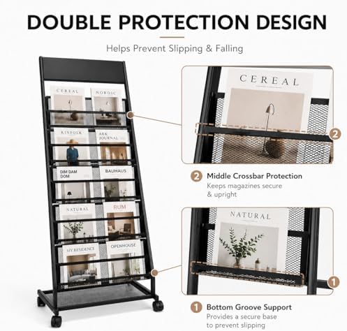 Magazine Rack Display Stand, 5-Tier Floor Standing Rack with Wheels - Image 7
