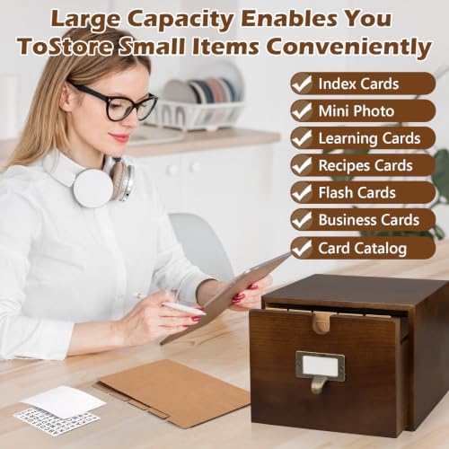 DLUGOPIS 5×8 Index Card Holder Pine Wood Index Card Organizer Box with Drawers Brown Vintage Card Catalog Box Recipe Notecard Box 5 Index Cards Dividers 2 Letter Smile Stickers for School Office - Image 4