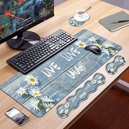 Ergonomic Keyboard Wrist Rest and Mouse Pad Wrist Rest Set,Dreamy Daisy Vintage Wood Board Live Laugh Love Large XXL Gaming Desk Mat 31.5"x 11.8",Non-Slip Base, Memory Foam,Easy Typing Pain Relief - Image 7