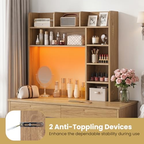 BECOMFORT Desk Hutch with LED Lights, Desk Organizer Shelf w/ 8 Storage Compartments, up to 25” Monitor, Wooden Display Rack, Desktop Bookshelf for Vanity Dressing Tabletop College Dorm Home & Office - Image 7