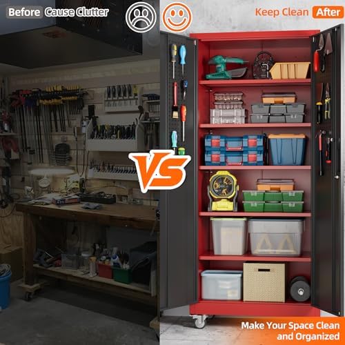 Aobabo Metal Garage Storage Cabinet with Wheels, 34" W x 18" D x 71" H,Red - Image 5