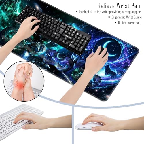 TGFEWYTJYJ Extended Gaming Mouse Pad,Memory Foam Ergonomic Keyboard Mouse Wrist Rest Support Set,Large Desk Mat with Stitched Edges,Non-Slip Base Mousepad Home Office,Galaxy Wolf - Image 5