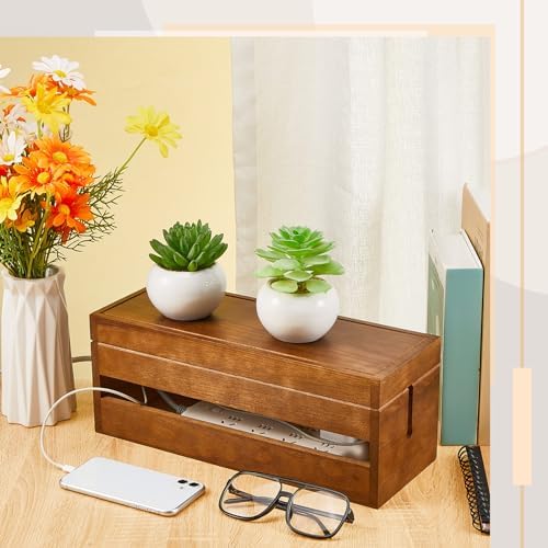 Hoteam 48 Pcs Wooden Cable Management Box Cable Organizer Box Set Power Strip Holder Cord Hider Clip Adhesive Management Ties Cord Sleeves for Desktop Home Office(Brown,Large) - Image 3