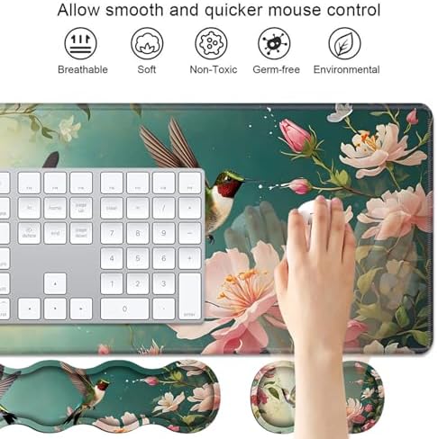 4 in 1 Ergonomic Keyboard Wrist Rest & Mouse Pad Wrist Rest Set, Large XXL Gaming Desk Mat 31.5"x 11.8" with Non-Slip Base, Memory Foam for Home Office Study Gaming, Hummingbird Flowers - Image 3
