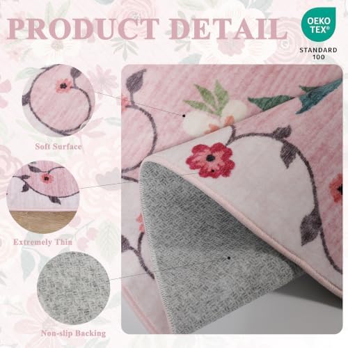 DUKINO 3x4 Area Rug, Floral Washable Rug for Kitchen Non Slip, Pink - Image 5