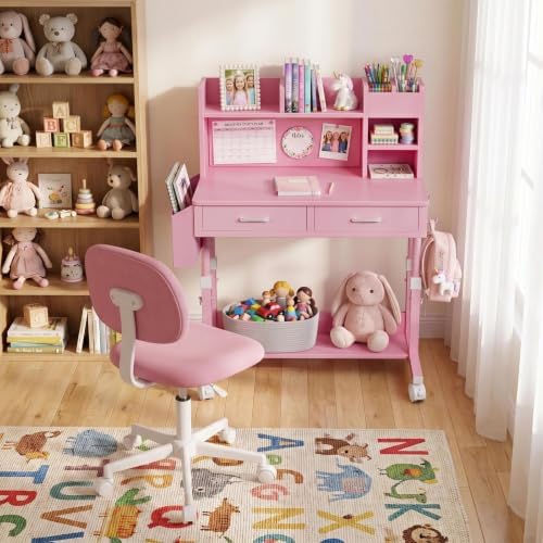 Pink Kids Desk with Hutch, 32" Height Adjustable Mobile Rolling Girls Desk - Image 2